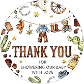 Whaline 100Pcs Cute Cowboy Baby Shower Thank You Stickers 2 Inch Western Cowboy Theme Clothes Round Adhesive Label Decals for First Rodeo 1st Birthday Rodeo Party Decorations