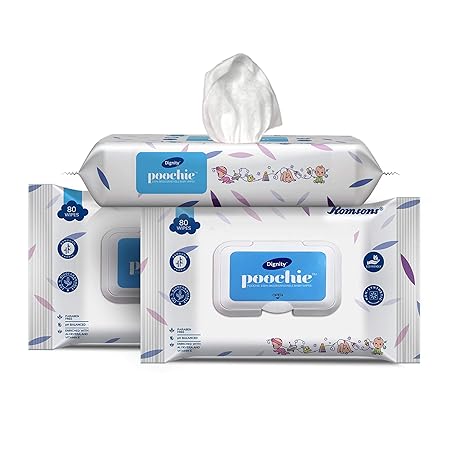 Dignity Poochie Biodegradable Baby Wipes, 150 x 200 mm, 80 Wipes/Pack - Pack of 3 (Clear)