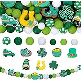 FYSUIMU 108Pcs St. Patrick's Day Silicone Beads Green Round Shamrock Gnome Rubber Loose Beads with Elastic Rope for Irish DIY Crafts Keychain Jewelry Making