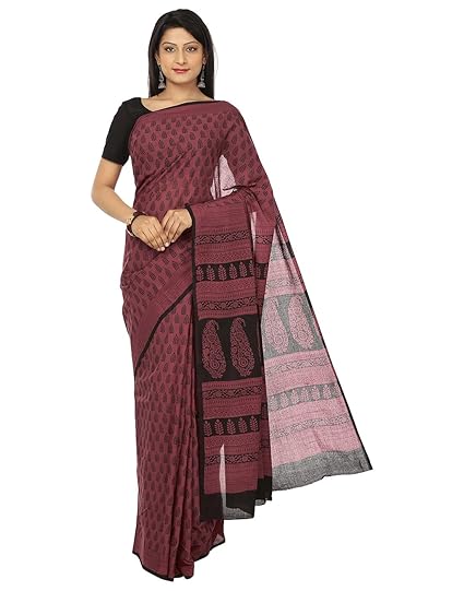 Finest Quality Cotton - Handmade Pink and Black Booti - Bagh Block Print Saree with Blouse Piece