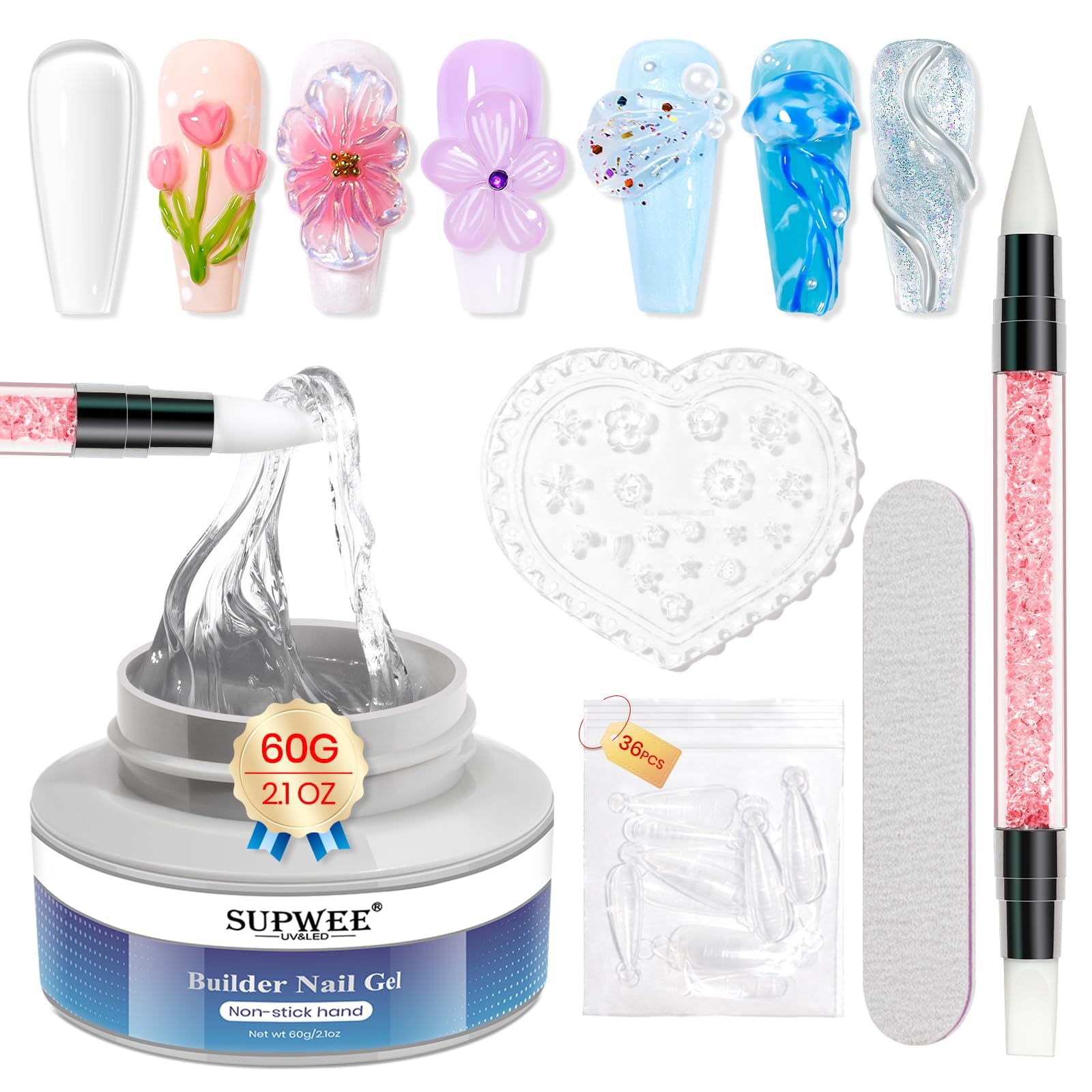 Supwee Solid Builder Gel for Nails Clear Non-Stick Hand Nail Extension Gel Large Capacity 60g 3D Sculpture Nail Polish Carving Patterns Decoration Nail Art Hard — image 1