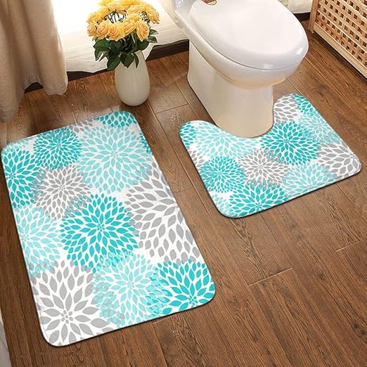 Amazon Com Vbcdgfg Bath Mat Sets For Bathroom 2 Piece Modern Turquoise Teal Gray Floral Bathroom Rug Set Bath Contour Mats U Shaped Nonslip Home Washroom Decor Shower Accessories Dry Fast Area Rugs