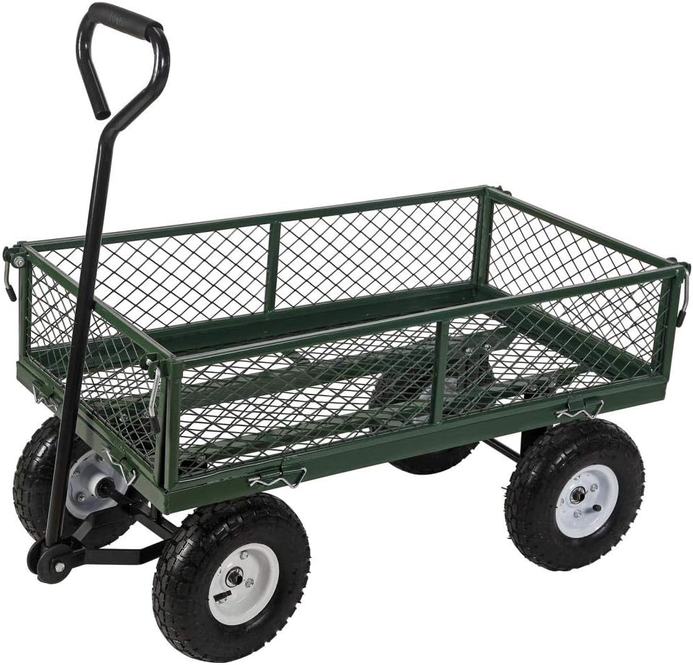 Heavy Duty Steel Garden Cart Utility Wagon Dump with Removable Sides Lawn Trailer Yard 660Lbs Capacity Green