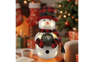 Sancodee Christmas Lighted Snowman, 12" Snowman with Wreath Christmas Table Decorations, Red Black Plaid Snowman Xmas Decor for Home Kitchen Holiday Party