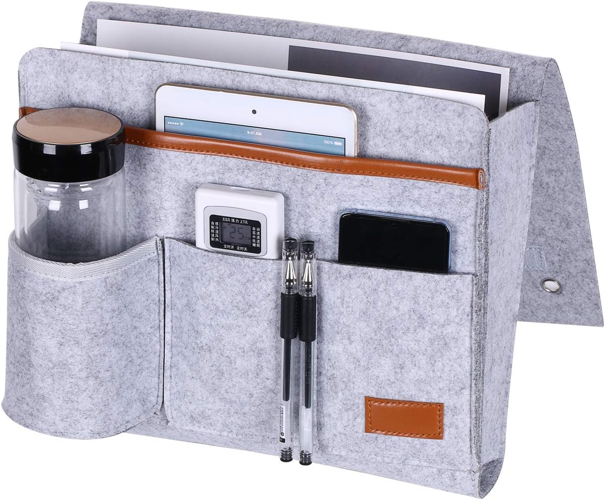 BEWISHOME Bedside Caddy, Felt Hanging Storage Organizer, Bedside Storage Organizer with 5 Pockets for Holding Laptop, Magazines, Water Bottle and Remotes, Light Grey FCD01W