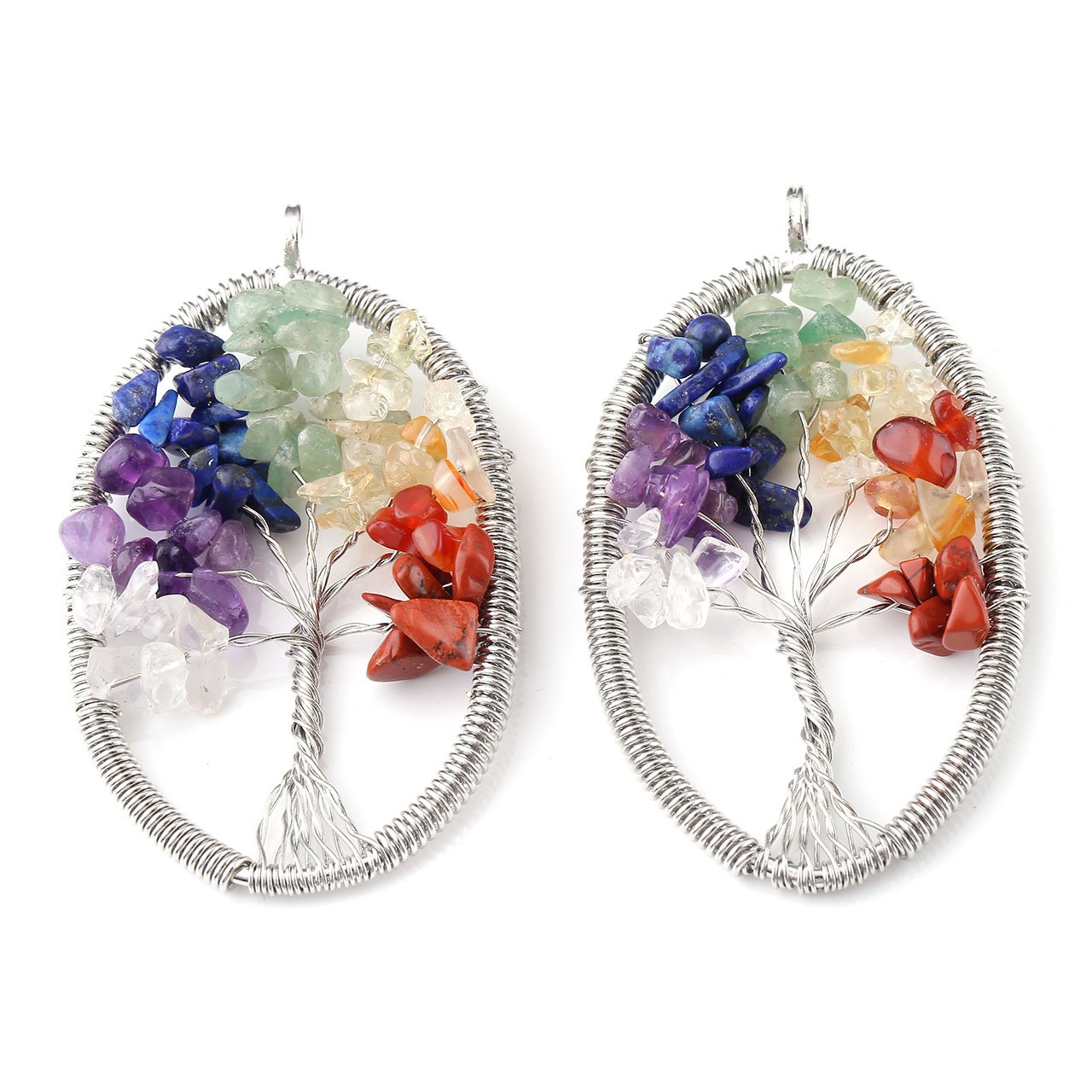 Top Plaza Tree of Life Silvery Plate Oval Wire Wrapped Crystal Chip Gemstone 7 Chakra Healing Balance Reiki Pendant Necklace For Jewelry Making