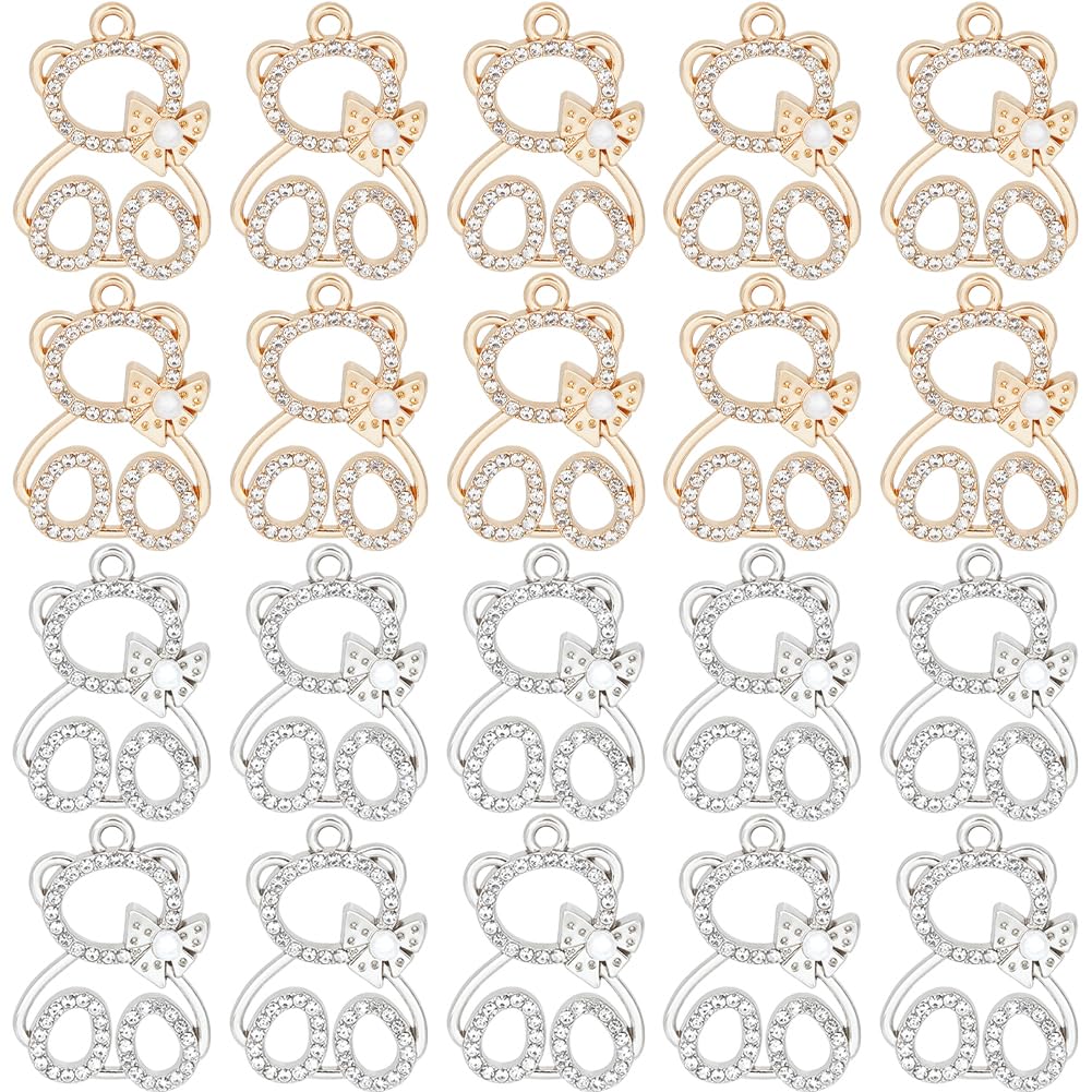 SUNNYCLUE 1 Box 32PCS Bear Charm Bulk Rhinestone Charms Bears Golden Cubic Zirconia Silver Teddy Bear Cute Animal Tiny Micro Pave Alloy Charms for jewellery Making Charms Necklace Earrings DIY Craft