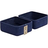 MiniArk Small Square Shallow Baskets for Organizing, 9.7x9.7x4.3 Inch Rope Woven Storage Bins for Cubes Closet, Shelves Storage, Boho Decorative Basket, 2 Packs Navy Blue