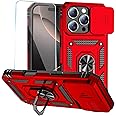 SunStory for iPhone 16 Pro Max Case with HD Screen Protector & Slide Camera Cover & Rotated Ring Kickstand, [Military-Grade] Phone Case for iPhone 16 Pro Max 6.9", Red