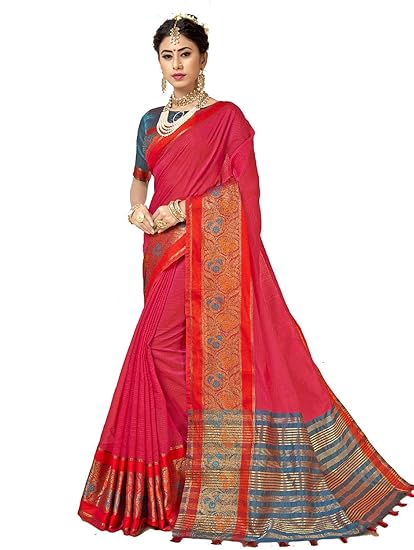 Leeza Store Women Kanjivaram Cotton Silk Saree With Heavy Weaving Work