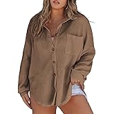 Eytino Womens Plus Size Boyfriend Shirts Casual Long Sleeve Button Down Oversized Waffle Knit Shacket Jacket(1X-5X)