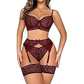 Lilosy Sexy Bow Feather Floral Lace Sheer Underwire Push Up Garter Lingerie Set