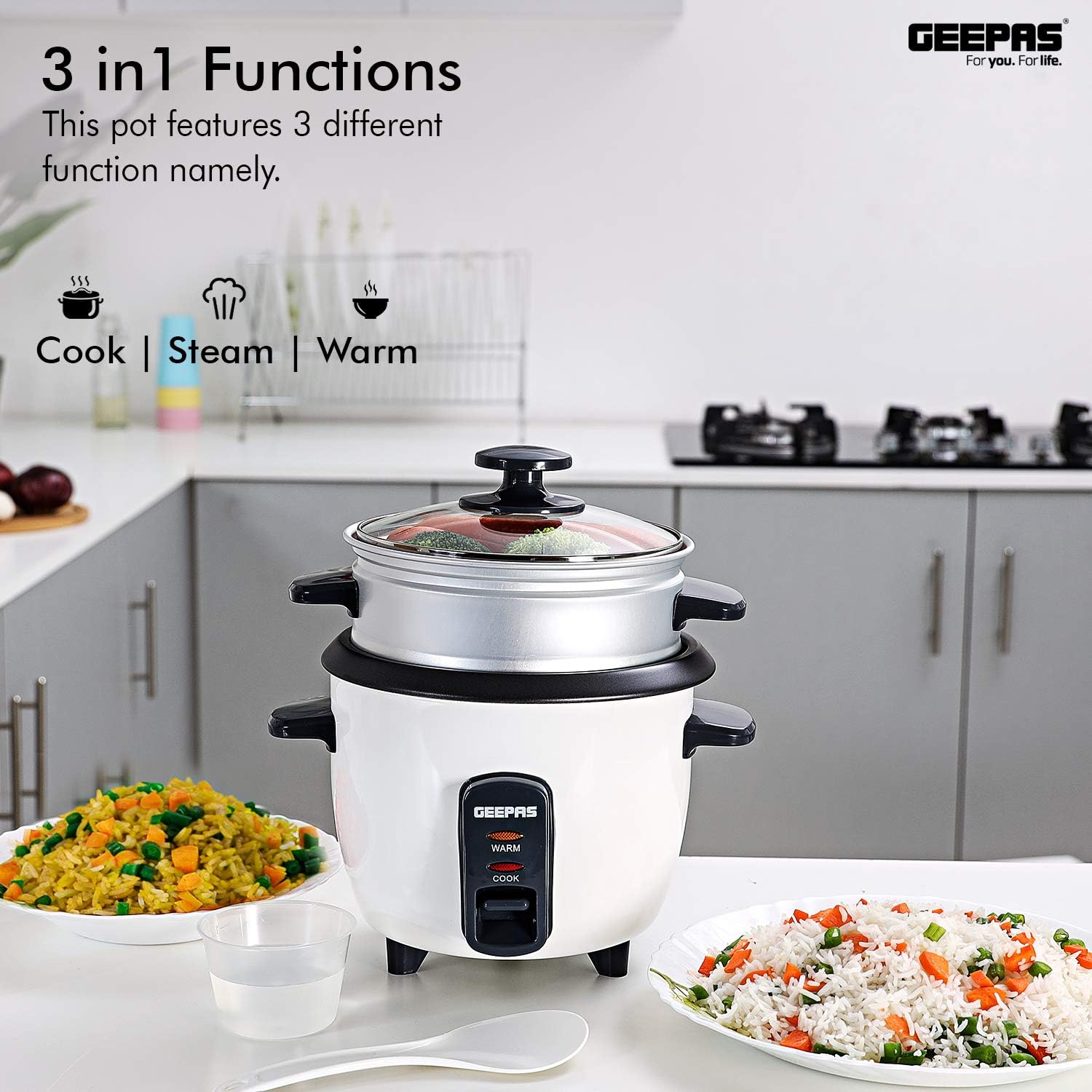 GEEPAS Rice Cooker with Steamer, White, 0.6L - 300W - Image 5