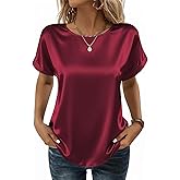 Zeagoo Satin Blouse for Women Business Casual Outfit Short Sleeve Tops Crewneck Tshirt Silk Shirt Summer Clothes