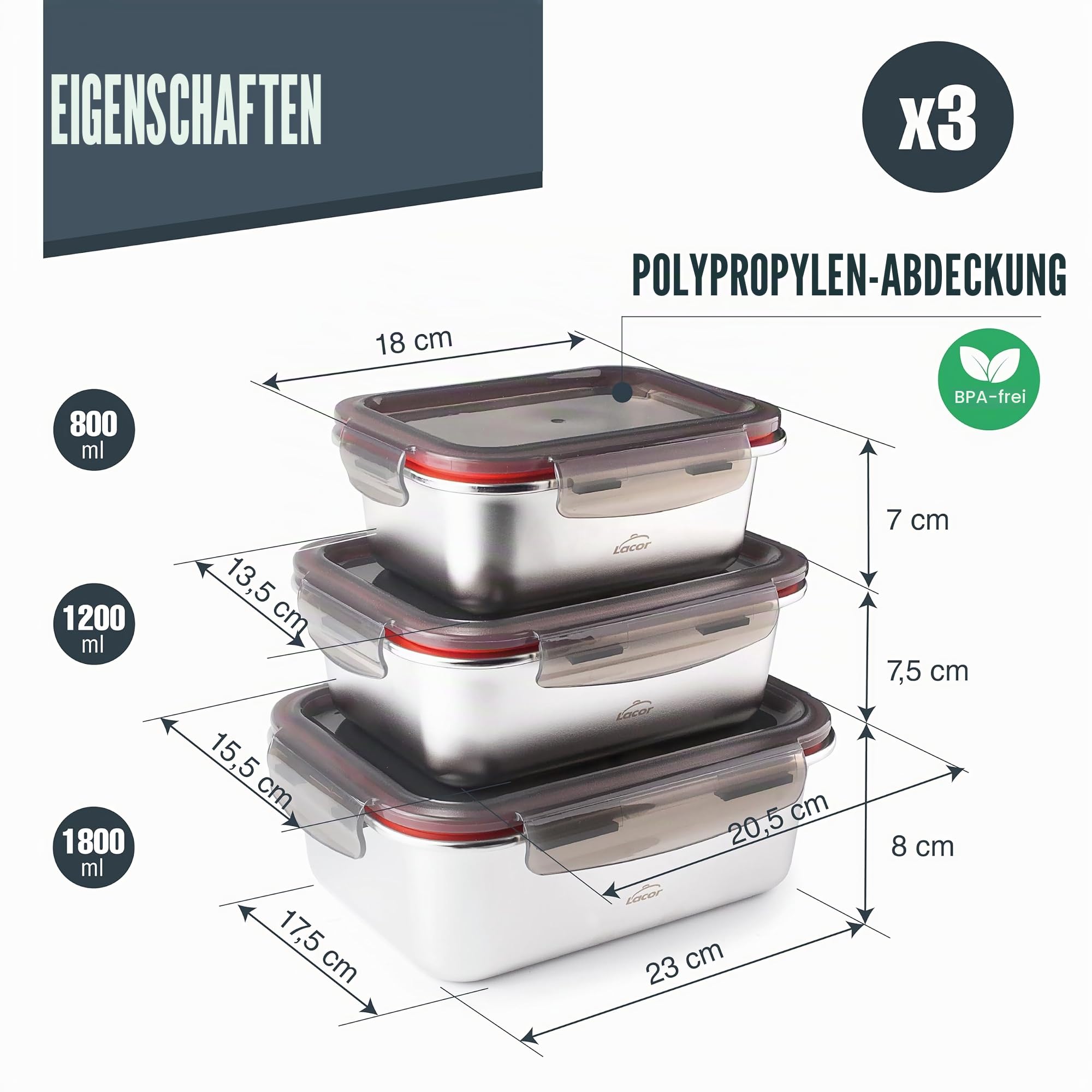 LACOR 64617 - Set mit 3 Behältern für Lebensmittel, Ecoinox, Edelstahl 18/10, 800/1200/1800 ml, geeignet für Mikrowelle, Backofen, Gefrierschrank und Spülmaschine, luftdicht, BPA-frei 2