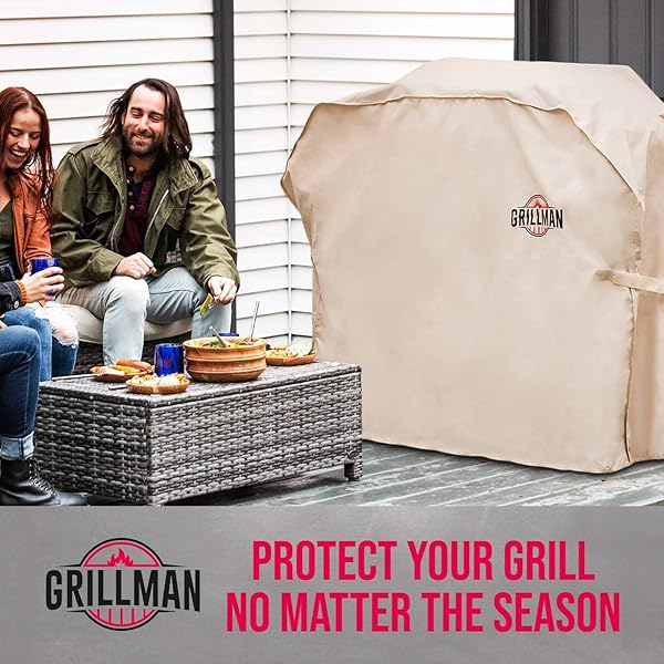 GRILL COVER BY GRILLMAN, TAN, 64 INCH, BBQ OUTDOOR GRILL COVERS, CHARCOAL & GAS GRILLS, WATERPROOF, RIP-PROOF, WEATHER-RESISTANT, ANTI-UV, BARBECUE COVER FOR WEBER, GENESIS, CHARBROIL, NEXGRILL, ETC