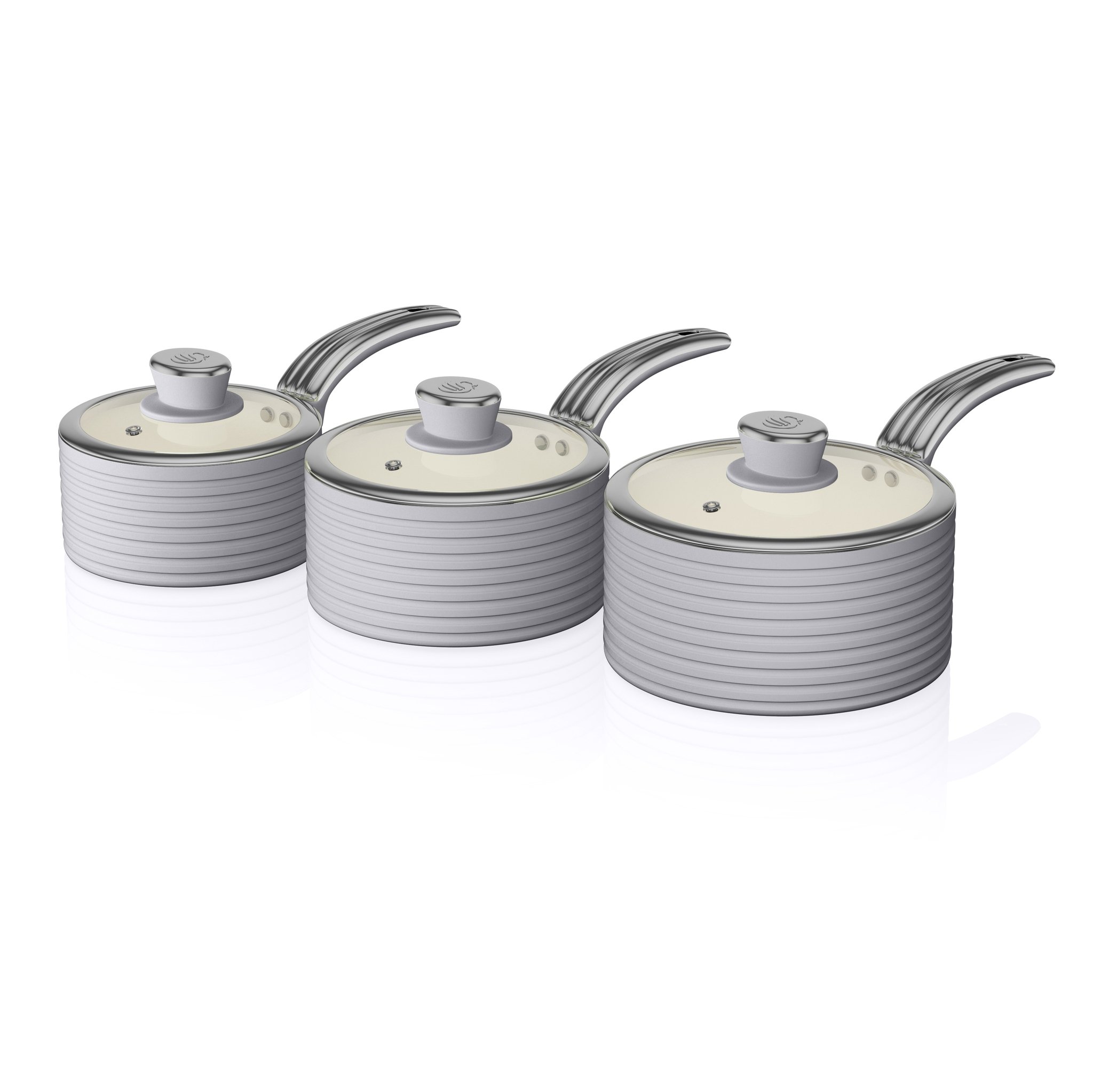 Swan SWPS3020GRN Retro Induction Saucepan Set With Glass Lids, Non Stick Ceramic Coating, Easy to Clean, Grey, 3 Piece, 16/18/20 cm