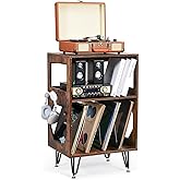 ikkle Rustic Record Player Stand, End Table, Vinyl Record Storage Cabinet Holder with Metal Legs, Turntable Stand Storage Tab