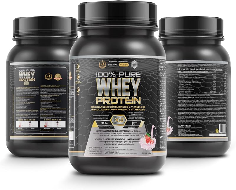 Whey Protein Healthy Fusion | Proteína pura con Colágeno, Magnesio y Vitamina B6 | 43g proteína + 9g BCAA | Mejora tus entrenamientos, aumenta masa muscular y fortalece articulaciones | 1 kg