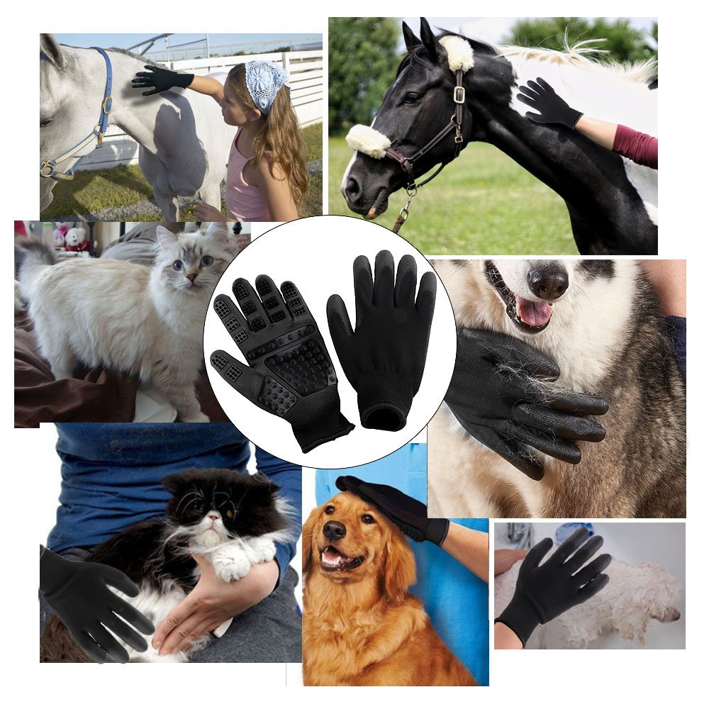 ACTOPP Pet Grooming Gloves Hair Remover Deshedding Massaging Bathing Tool Glove Brush Effective for Long and Short Hair Dogs, Hats, Horses, One pair 23X12X1 CM (Black)