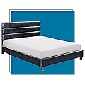ClickDecor Hudson Upholstered Platform Bed with Straight Tufted Headboard, Mattress Foundation, No Box Springs Needed, Wood Frame Slat Support with Easy Assembly, Queen Size, Black Leather