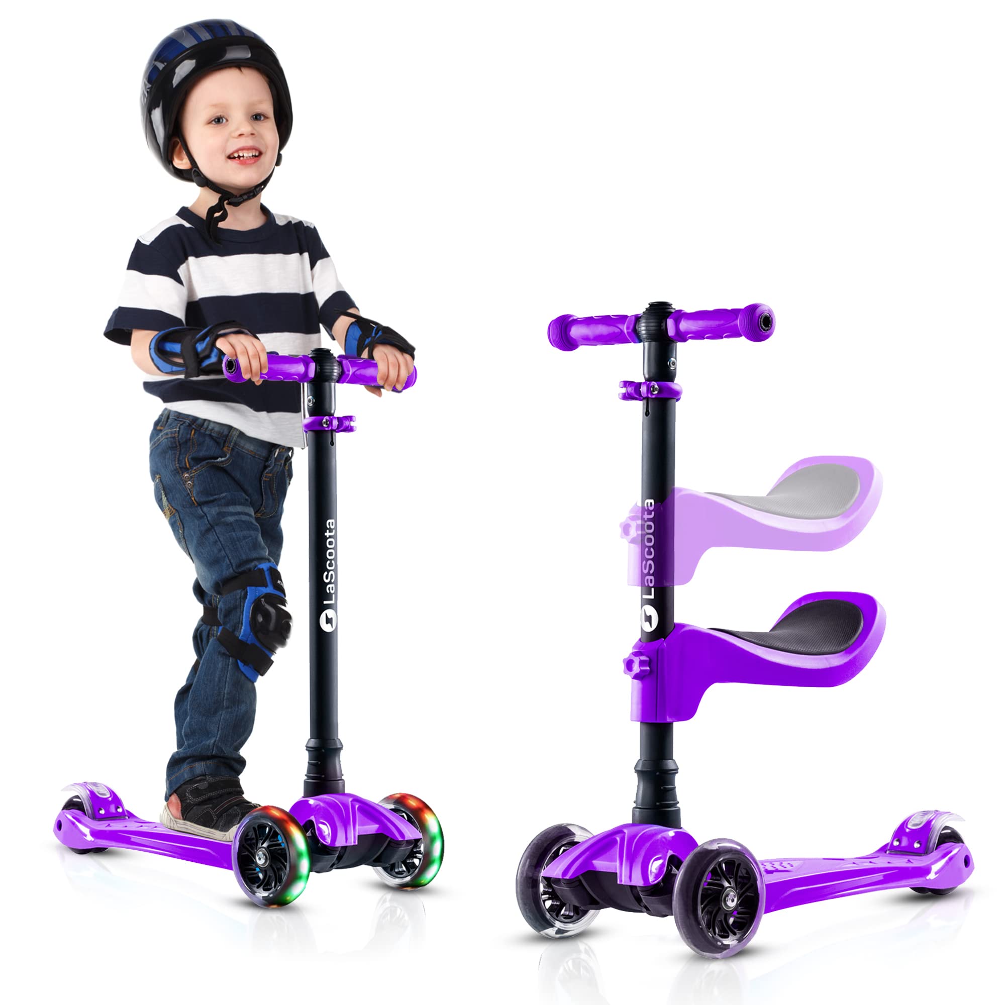 LaScoota 2-in-1 Kids Kick Scooter, Adjustable Height Handlebars and Removable Seat, 3 LED Lighted Wheels and Anti-Slip Deck, for Boys & Girls Aged 3-12 and up to 100 Lbs.