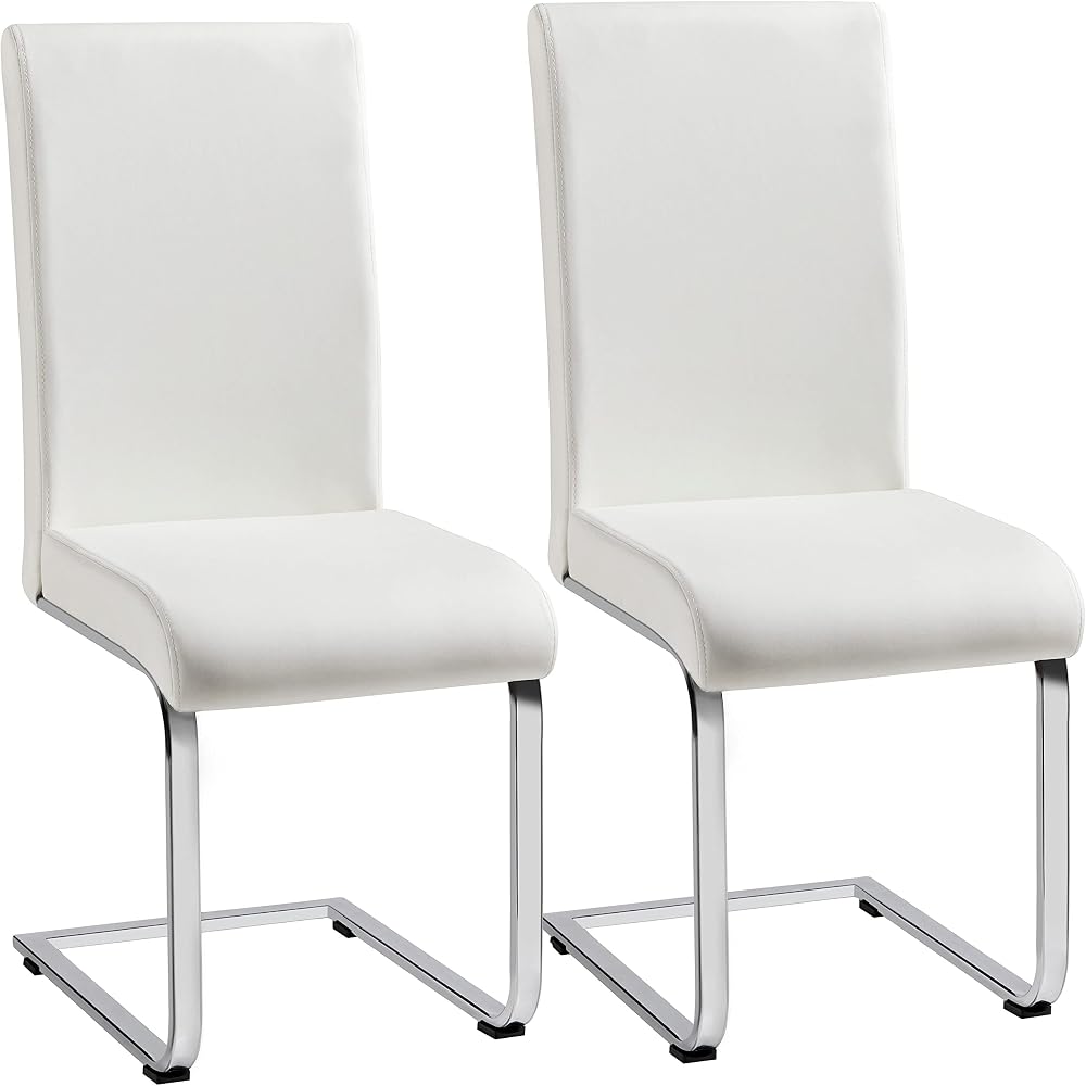 Yaheetech Dining Chairs Set of 2 Modern Leather High Back Chrome Legs White
