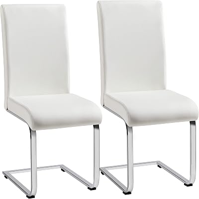 Yaheetech Dining Chairs Set of 2 Modern Leather High Back Chrome Legs White