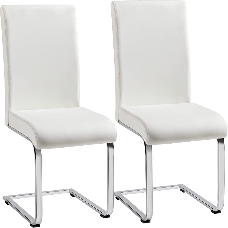 Yaheetech Dining Chairs Set of 2 Modern Leather High Back Chrome Legs White