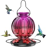 Glass Hummingbird Feeder for Outdoors Hanging, 26Oz Bird Nectar Feeder with Perch & 5 Flower Feeding Ports, Leak Proof for Outside Garden Decor Backyard, Gifts for Women Mom, Purple Red