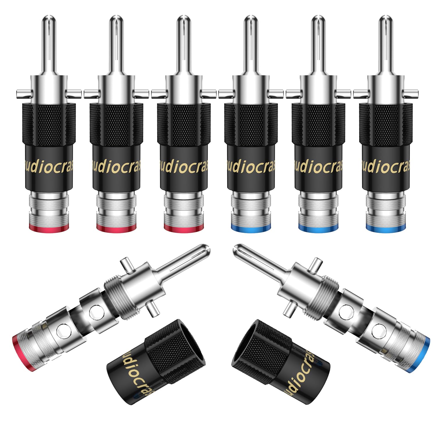 Audiocrast Spreizbar Bananenstecker Self Locking Banana Plugs For Speaker Cable Up To 8.5mm (8, Rhodium Plated)