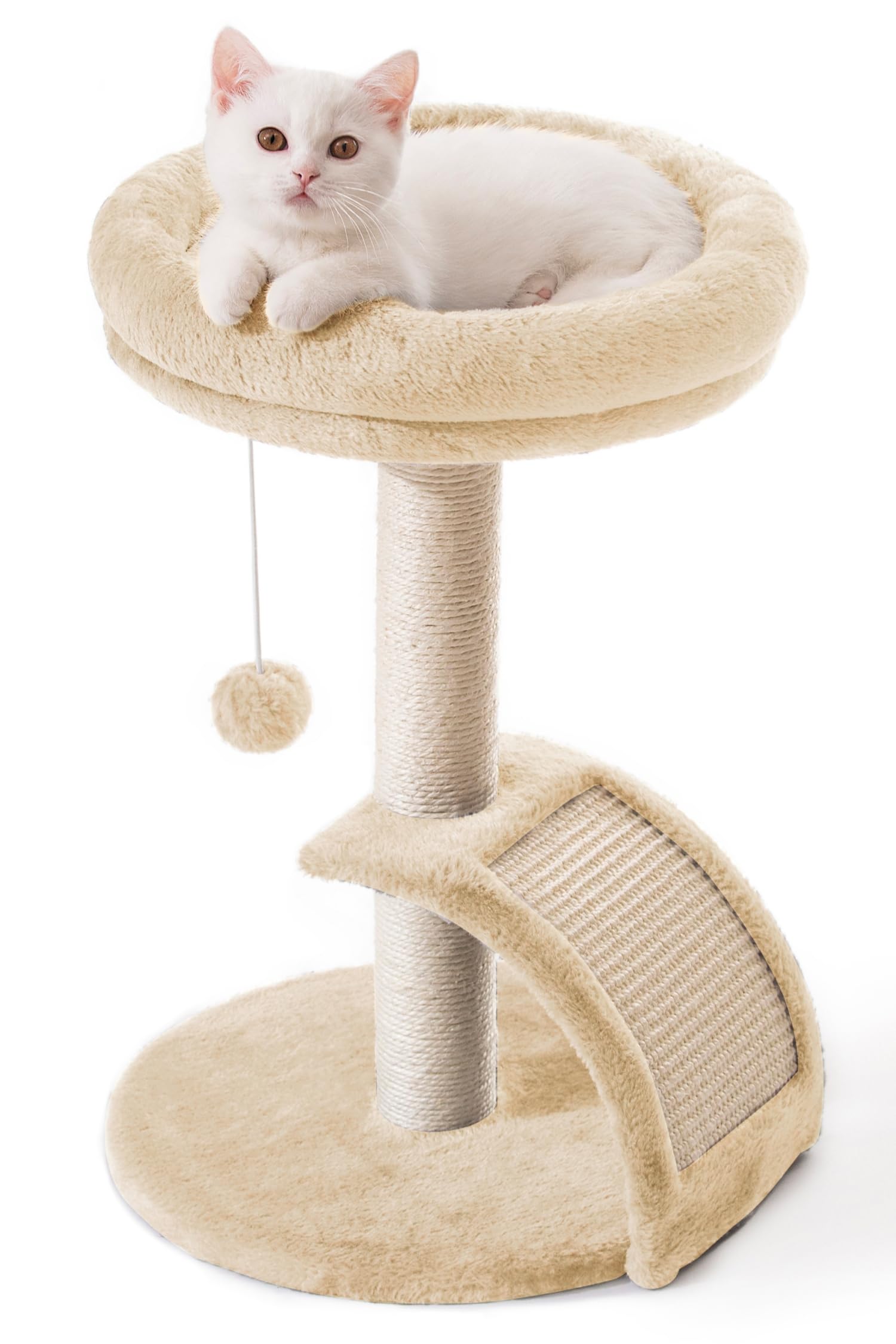 Photo 1 of Goozii Cat Scratching Post Tower for Indoor Cats, Small Cat Tree Tower with Bed and Hanging Ball Toys, Short Modern Carpet Kitten Scratcher Stand with Large Round Perch and Scratch Ramp (Beige)