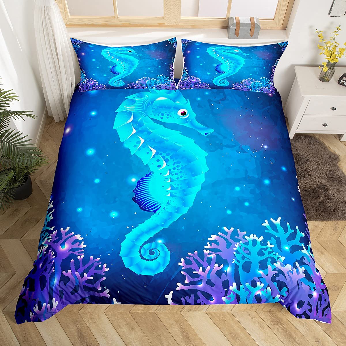Youth Seahorse Print Duvet Cover Kids Ocean Creature Themed Comforter Cover for Boys Girls Marine Sealife Bedding Set Teens Sea Underwater World Blue Hippocampus Decor Bedspread Cover Double Size