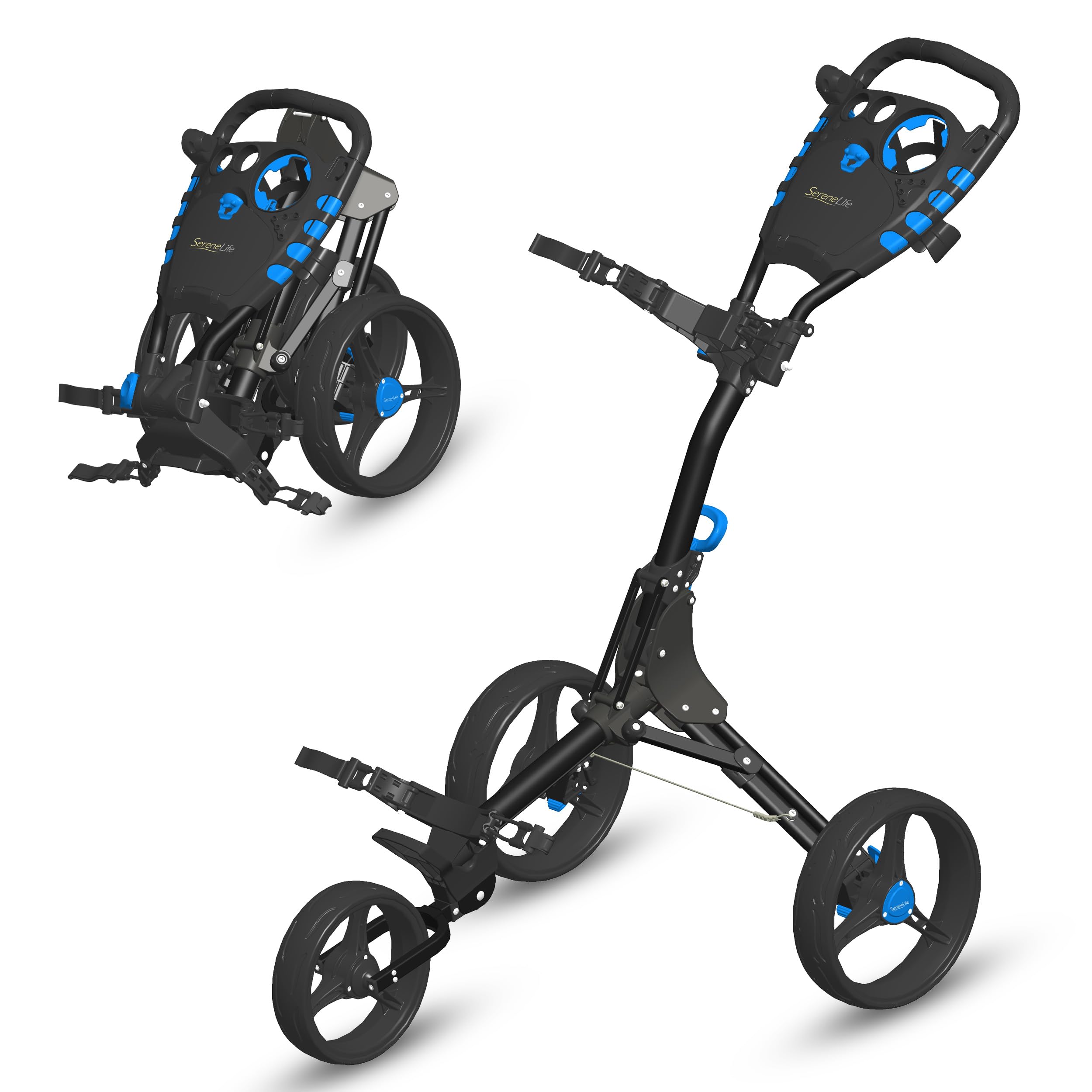 3 Wheel Golf Push Cart - Lightweight Folding Golf Walking Push Cart Roller Golf Bag Holder w/Upper/Lower Bracket w/Elastic Strap, Scorecard, Cup & Bag Storage Holder - SereneLife SLG3W Image 3 Wheel Golf Push Cart - Lightweight Folding Golf Walking Push Cart Roller Golf Bag Holder w/Upper/Lower Bracket w/Elastic Strap, Scorecard, Cup & Bag Storage Holder - SereneLife SLG3W Image