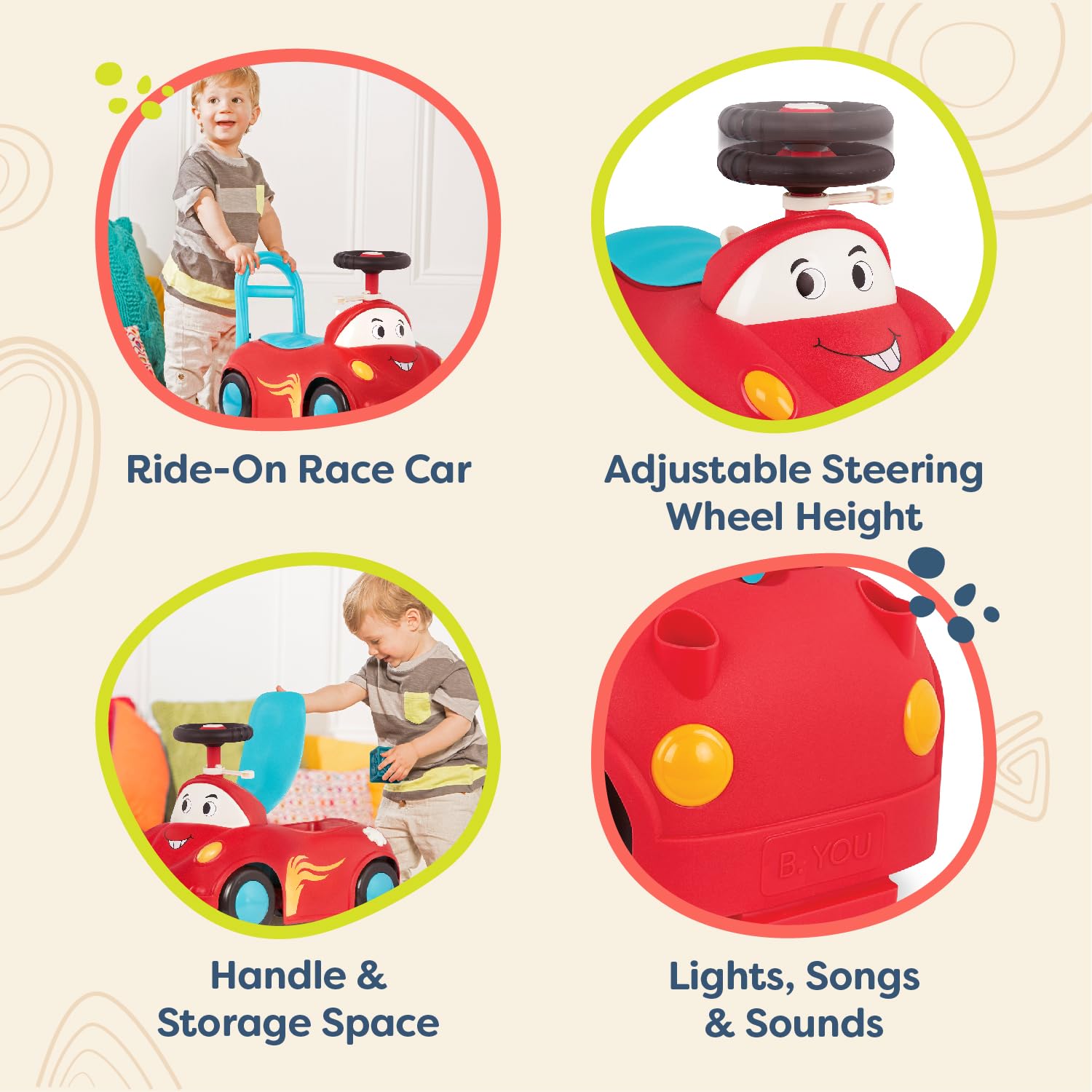 B. toys – Push CarToy – Ride – On Race Car – Walker Toy – Handle & Storage Space – Lights, Songs & Sounds – 1 Year + – Rollin' Riders – Freddy Zoom