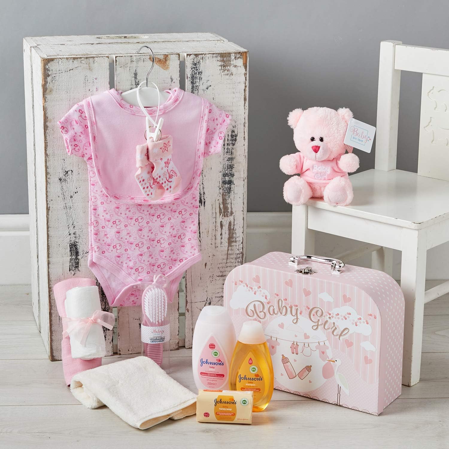 Baby Box Shop - Baby Girl Hamper, Newborn Girl Gift Set, Baby Shower Keepsake Box with Plush Teddy Bear, Clothing & Accessories - Image 5