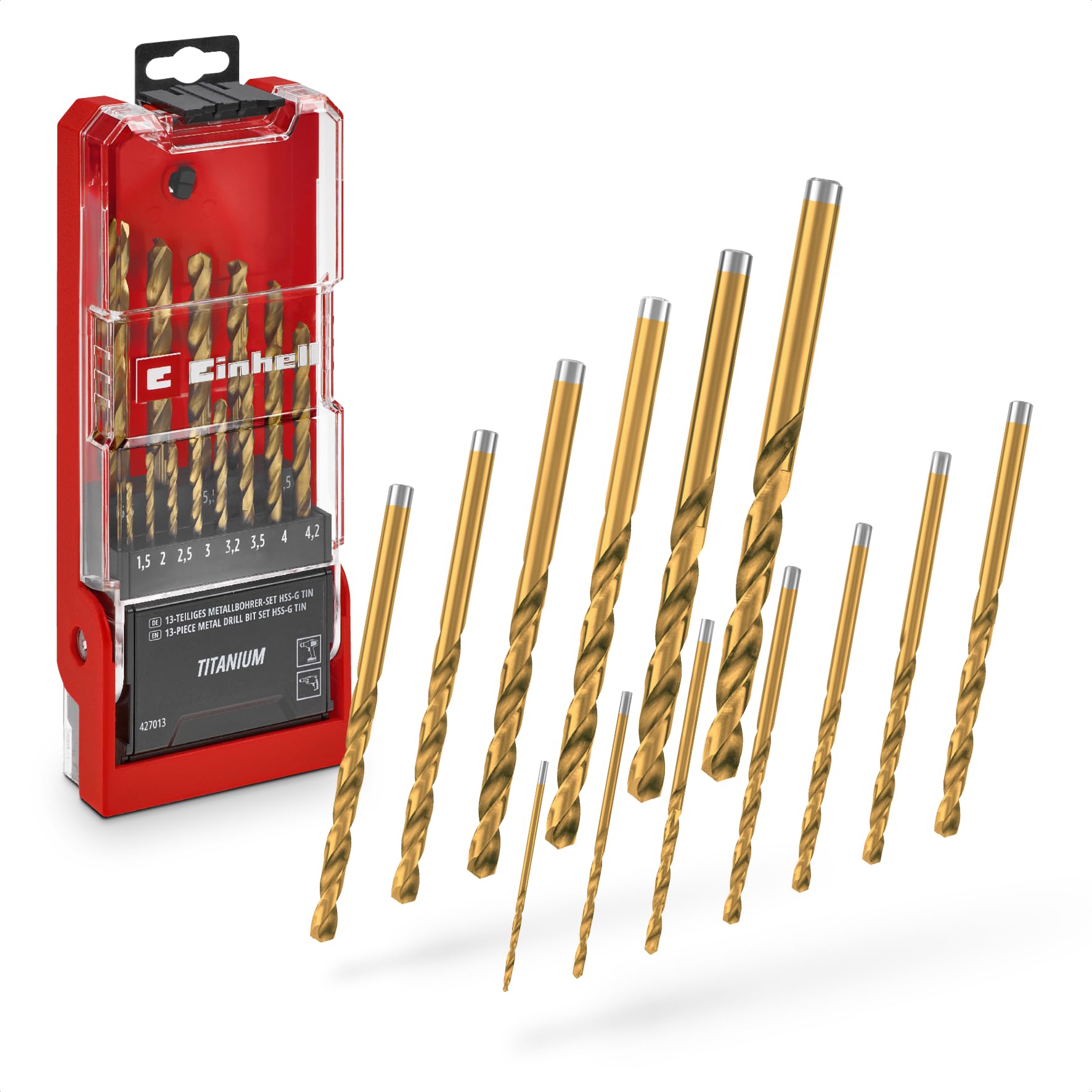 Original Einhell 13-Piece HSS-G Titanium Metal Drill Bit Set (Fully Ground HSS 4341 Steel, Titanium-Coated, 135° Split-Point Tip, Milled Type N Spiral, Round Shank)