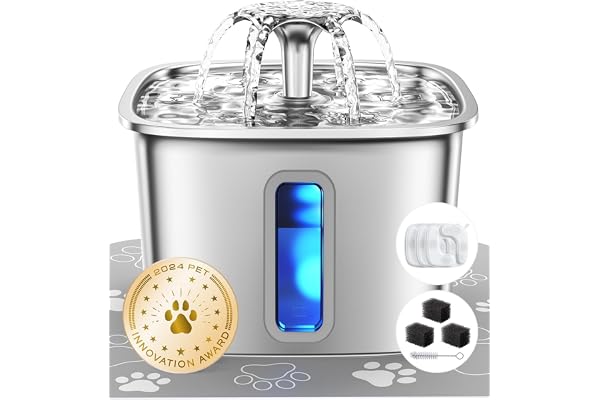 Veken Innovation Award Winner Stainless Steel Cat Water Fountain, 108oz | Automatic Pet Fountain Dog Water Dispenser with 3 Replacement Filters & Silicone Mat, Gifts for Cats, Dogs (Silver)