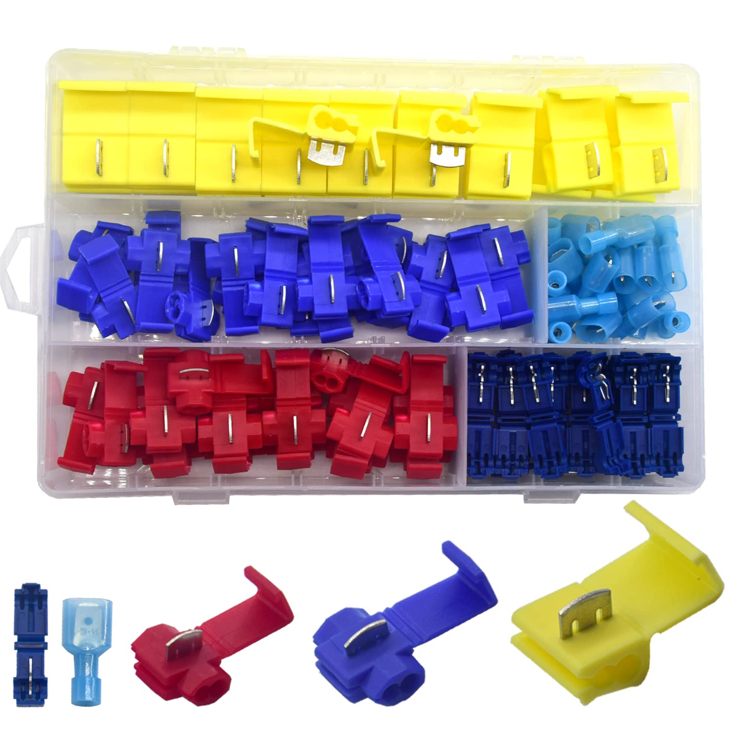 CEEYSEE 100 Pcs Lock Wire Terminal Connectors Set Solderless Quick Splice T-Tap Wire Connector Electrical Wire Crimp Branch Connectors Assortment Kit (NXJ2)