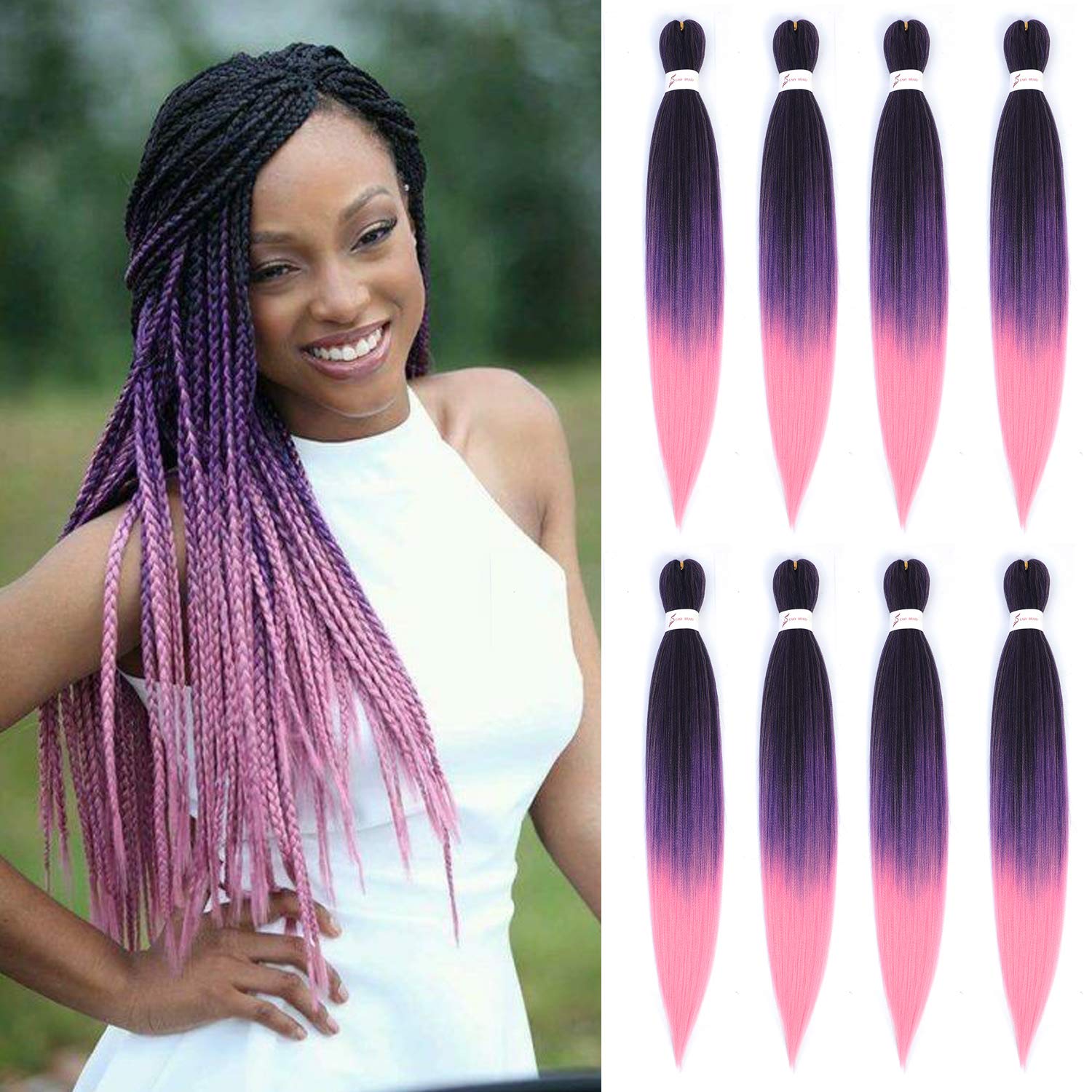 Originea 8 Packs Pre Stretched Braiding Hair 26 inch Yaki Texture EZ Braids Extensions Hair for Braiding Hot Water Setting Synthetic Hair Extensions (#1B/Purple/Pink)