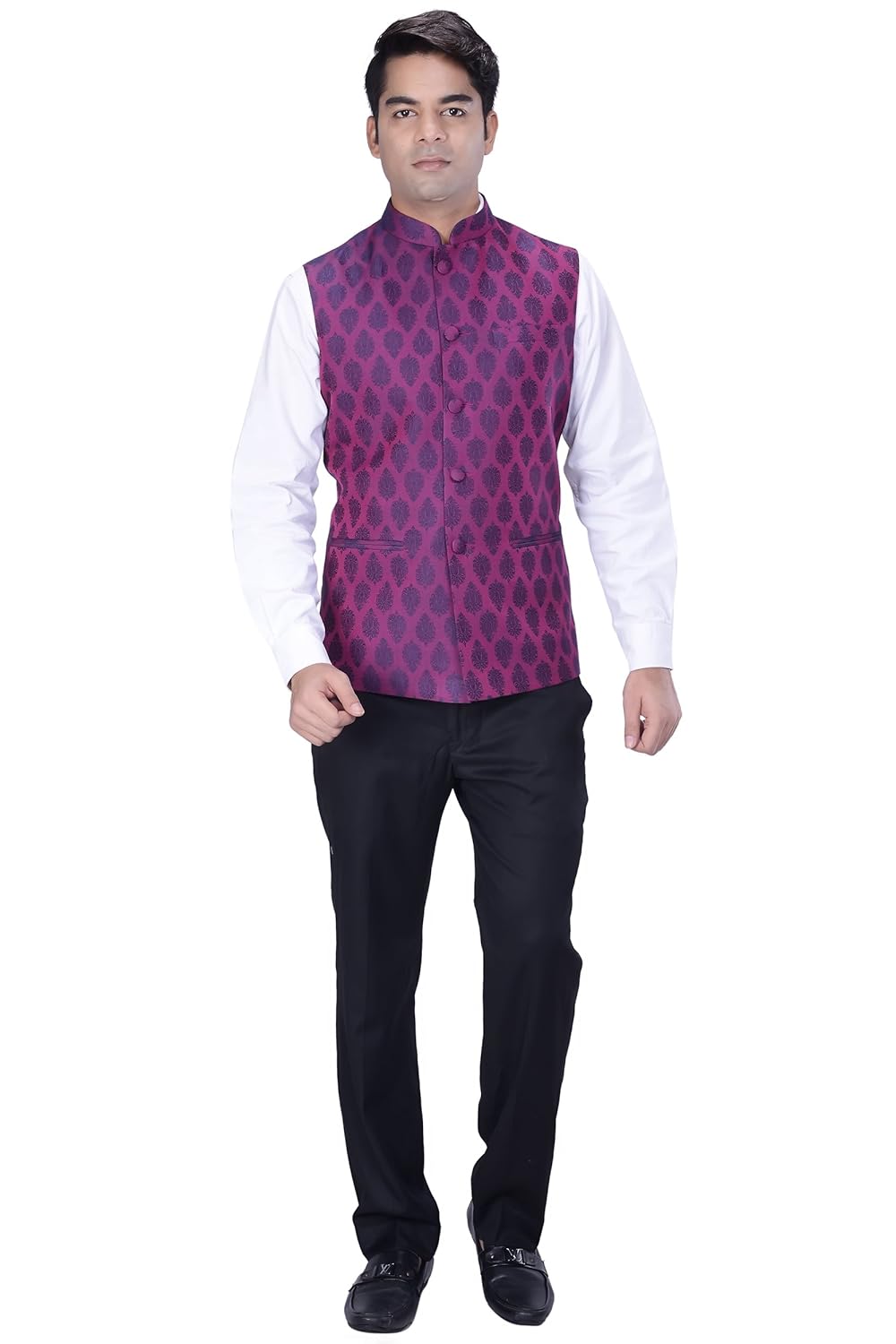 kisah men's woven cotton silk purple nehru jacket