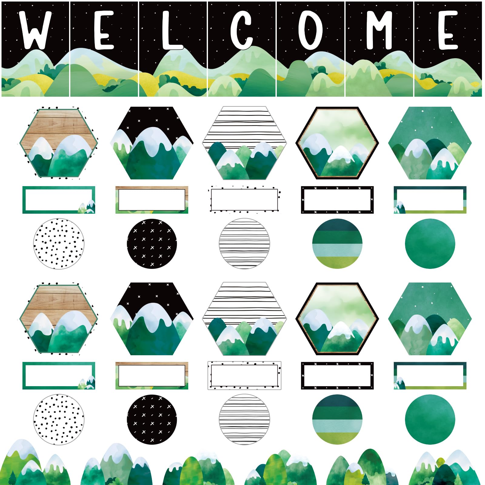 Photo 1 of Mooliwe 67pcs Scandi Mountain Classroom Decor Moving Mountains Bulletin Board Set Camping Adventure Classroom Decor with Banner Cutout Flat Name Plates Welcome Back to School Bulletin Board Decoration