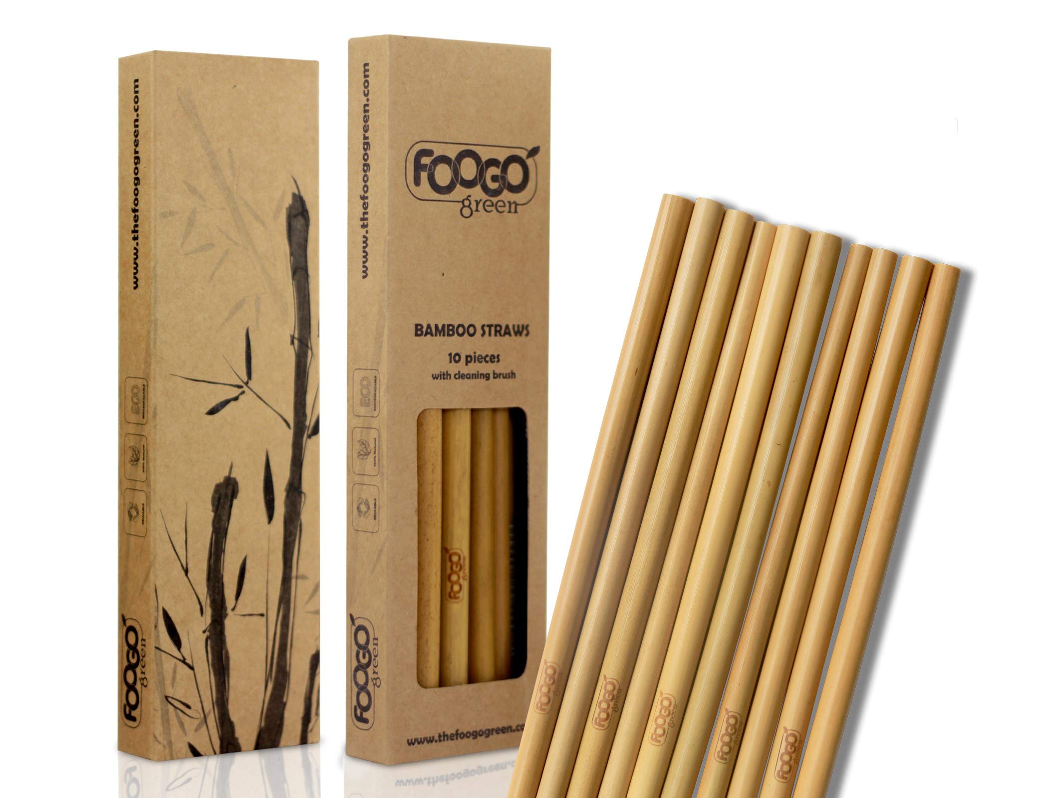 FOOGO Green 10 Bamboo Straws with Cleaning Brush, Reusable 20cm, 2 diameters, Juices and Smoothies Drinking Straws, 100% Natural, Biodegradable Eco Friendly, Alternative to Metal and Silicone