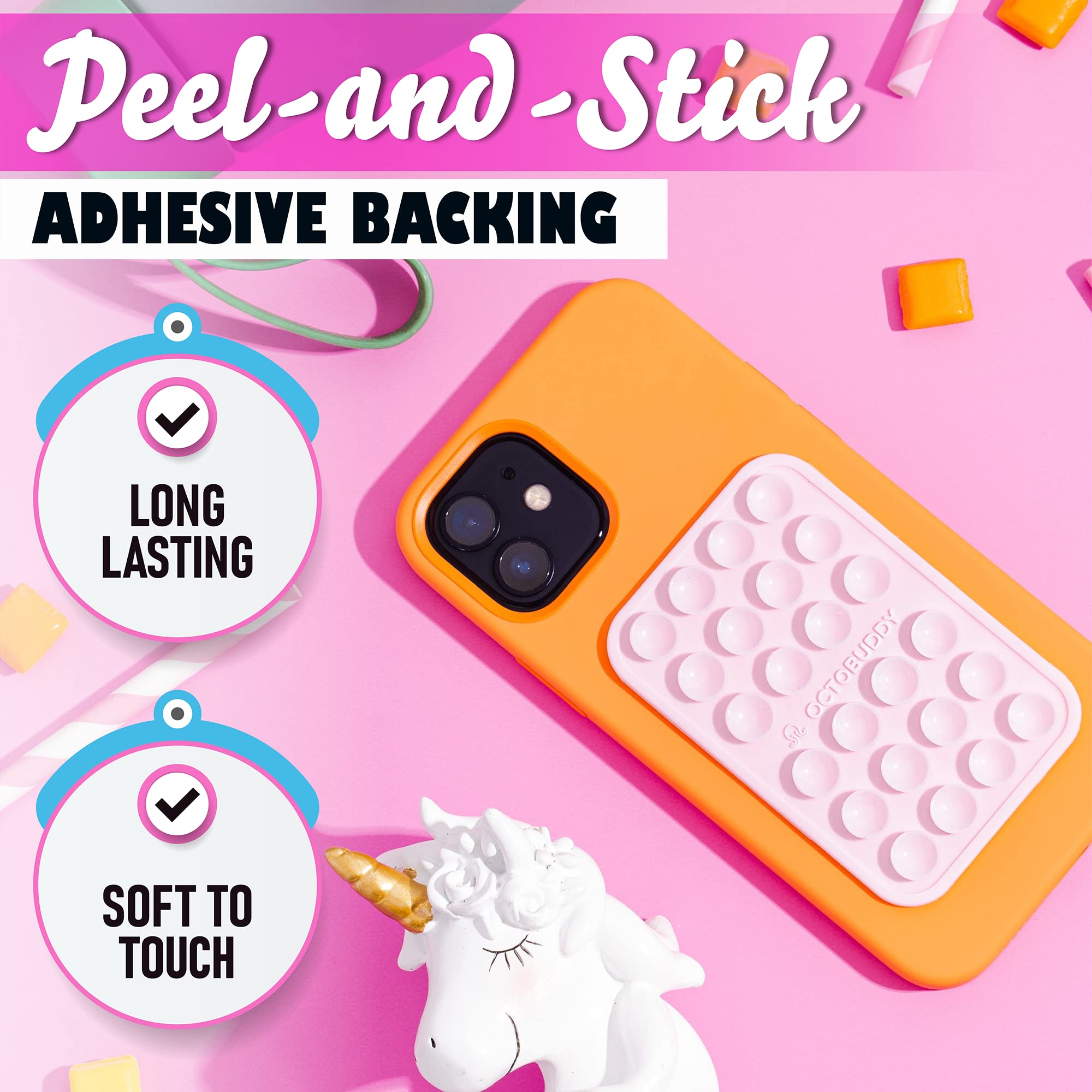 OCTOBUDDY Classic - Silicone Suction Phone Case Adhesive Mount - Hands-Free, Strong Grip Holder for Selfies and Videos - iPhone and Android Compatible - 2.25″ x 3.25″, Chalk Pink