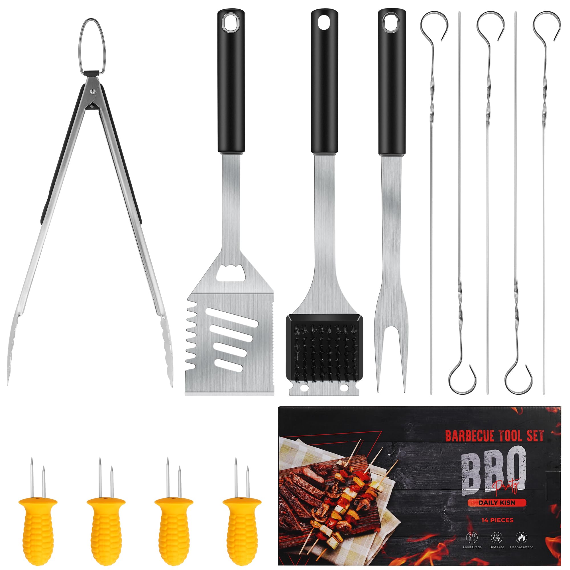 13pcs Grill Accessories Kit, Stainless Steel Grill Tools with 4-in-1 BBQ Spatula, Grill Fork, Grill Tong, Grill Grush, 17-in Long Skewers, Silicone Corn Holders, Grilling Gift Set for Men