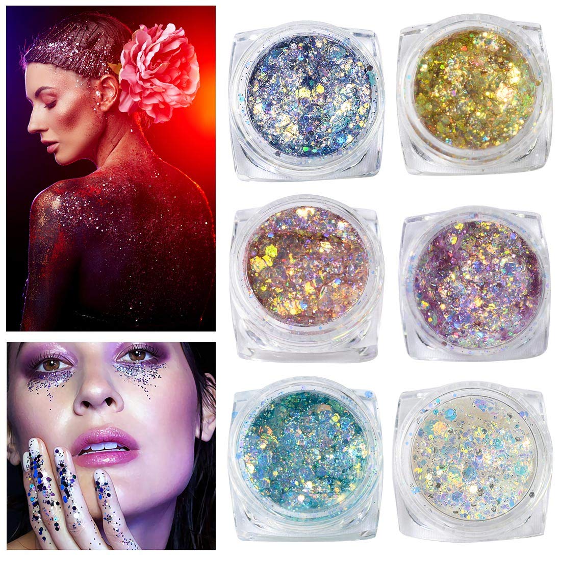 Chunky Body Glitter Holographic Gel Self-adhesive Cosmetic for Face Body Eye Hair Nail Crafts - Christmas Party Festival Carnival Makeup Temporary Tattoos, No Need Glue