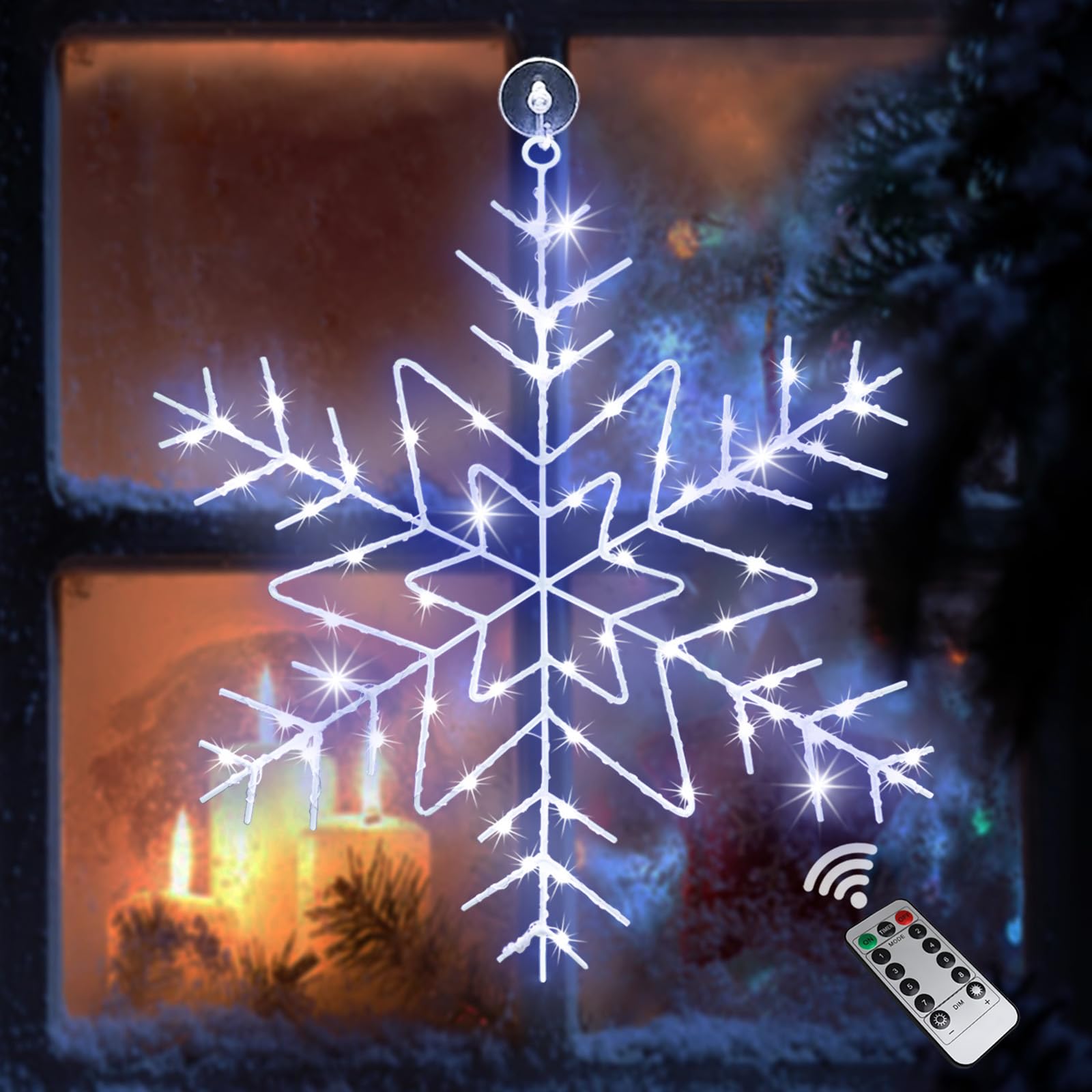 Photo 1 of Christmas Snowflake Window Lights Decorations, 14" 63 LED 8 Lighting Modes Cool White Snowflake Light with Remote Control Timer, USB Powered Christmas Silhouette Window Lights for Home Xmas Decor