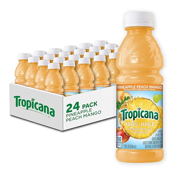 TROPICANA 100% PINEAPPLE PEACH MANGO JUICE,SINGLE SERVE, 10 FL OZ BOTTLES (PACK OF 24) – REAL FRUIT JUICE, VITAMIN C, B & E RICH, NO ADDED SUGARS, NO ARTIFICIAL FLAVORS