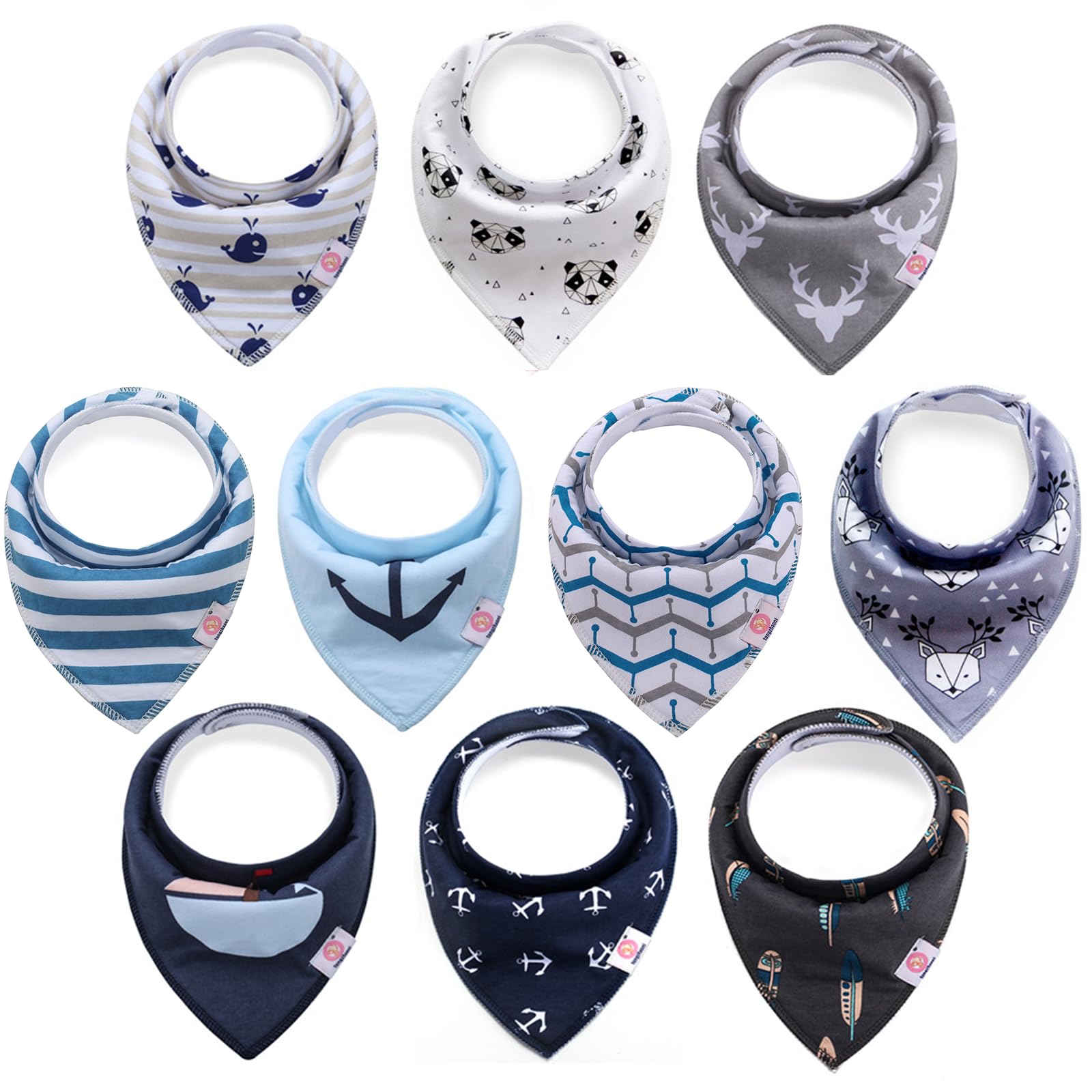 Newthinking 10 Pack Baby Dribble Bibs, Baby Bandana Bibs with Adjustable Snaps, 100% Cotton Babe Drool Bibs for 6-24 Months Newborn and Toddlers (Gray-blue)