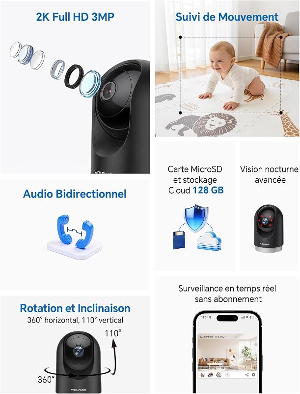 Camera Interieur 2K WiFi, Caméra Intérieure 360° PTZ avec Suivi Automatique, Vision Nocturne & Audio Bidirectionnel, Babyphone avec Caméra, Compatible Alexa & Google Home